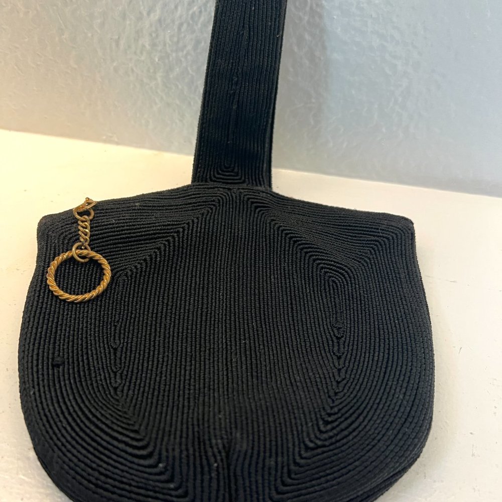 1940's Black Wristlet Purse - Small Boho Vintage - Cording Style Fabric